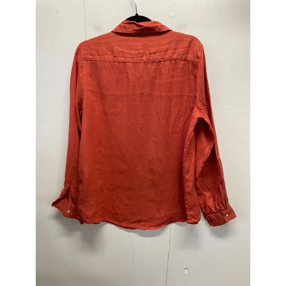 Tahari Women's Long Sleeve Button Up 100% Linen Blouse Rust Orange Size XL